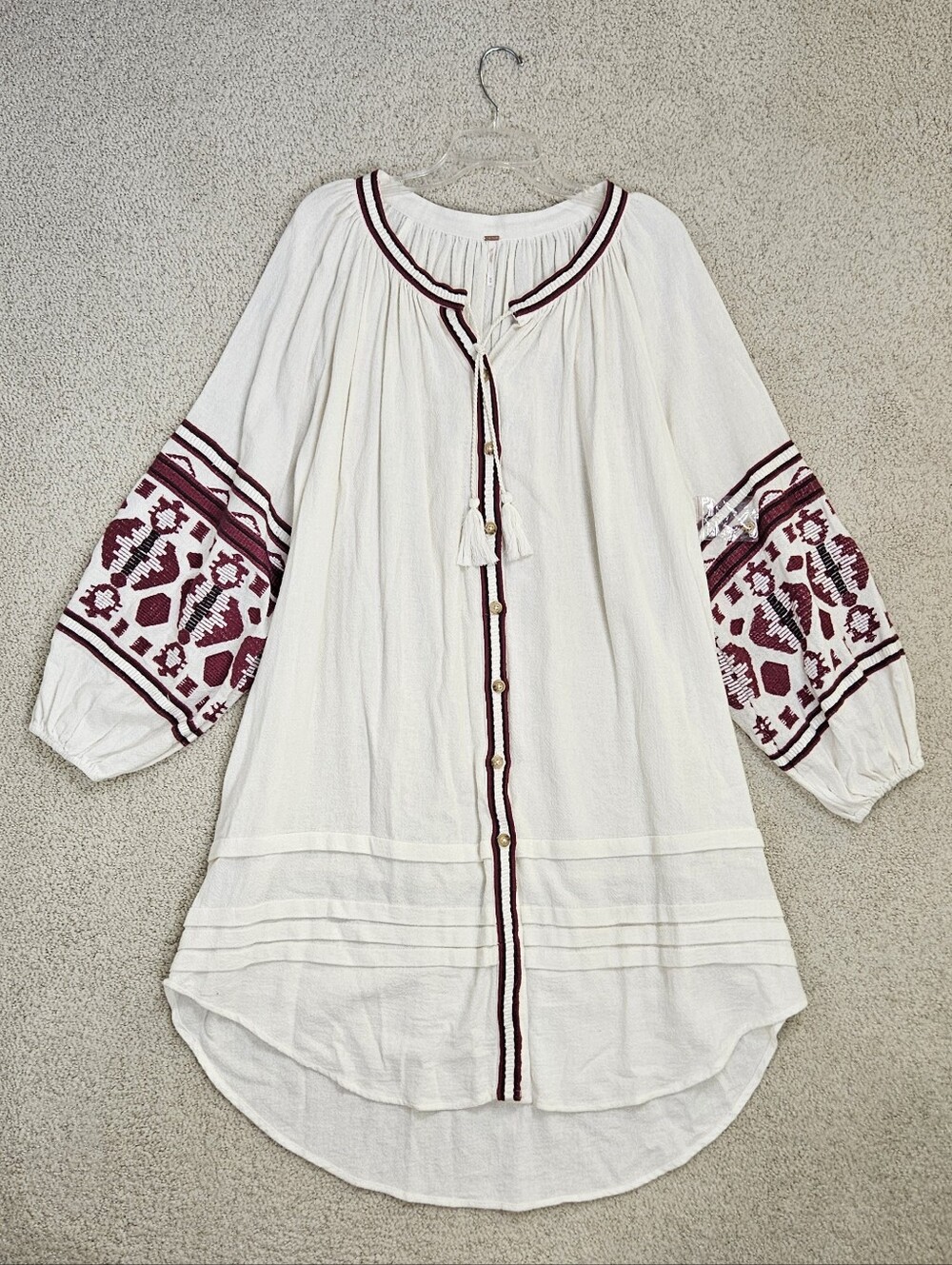 Free People Dress Festival Embroidered Ivory Button Up Ballon Sleeve Womens M